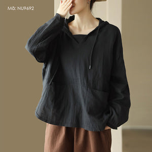 Áo hoodies dài tay retro đơn sắc hai túi - NU9691