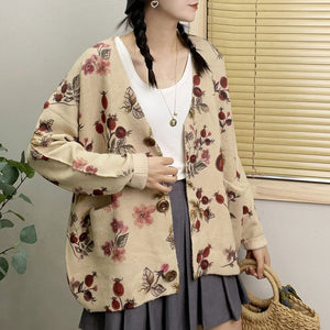 Áo khoác len cardigan dài tay cổ V in hoa lá form rộng - NU9231