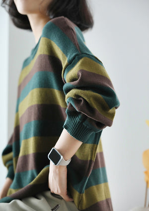 Áo len đan dài tay kẻ sọc sắc màu cổ tròn - NU9642