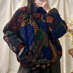 Áo khoác trần bông retro dài tay cổ đứng in hoa lá - NU9524