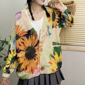 Áo khoác len cardigan dài tay cổ V in hoa hướng dương - NU9230