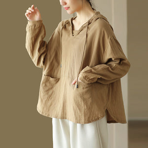 Áo hoodies dài tay retro đơn sắc hai túi - NU9691
