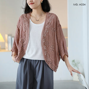 Áo khoác cardigan dệt kim tay lửng thêu hoa văn retro - A033