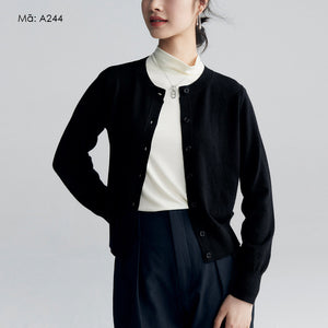 Áo khoác cardigan len dài tay cổ tròn đơn sắc - A243