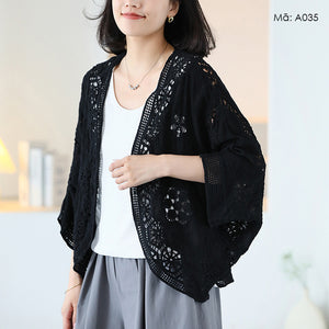 Áo khoác cardigan dệt kim tay lửng thêu hoa văn retro - A033