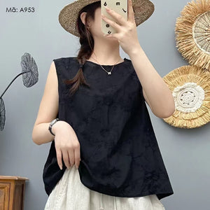 Áo T-shirt linen sát nách cổ tròn thêu hoa lá - A953