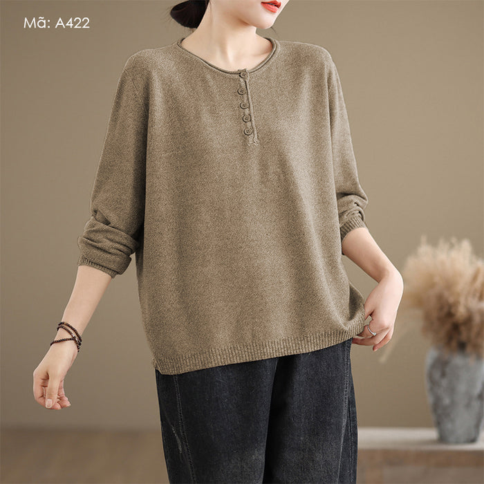 Áo len dệt kim dài tay cổ tròn khuy cài - A422