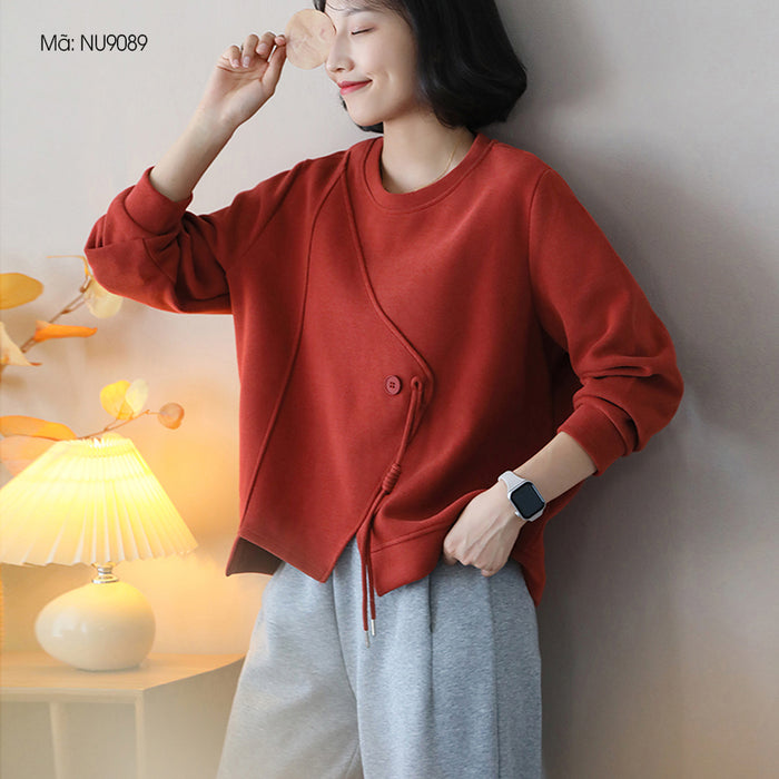 Áo T-shirt dài tay cổ tròn đính khuy - NU9089