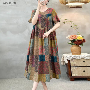 Đầm liền ngắn tay in hoa cổ tròn - D158