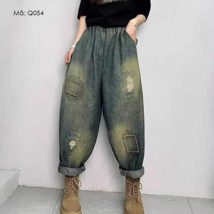 Quần baggy denim lưng thun chắp vá thêu đan - Q054