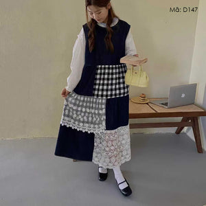Đầm liền denim sát nách phối caro - D147