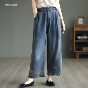 Quần baggy denim lưng cao ống rộng thêu hoa văn - NU8886