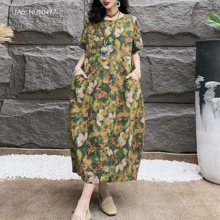 Đầm liền linen ngắn tay cổ tròn in retro hoa lá retro - NU10497