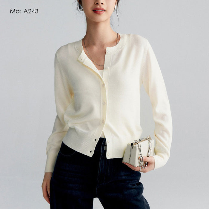 Áo khoác cardigan len dài tay cổ tròn đơn sắc - A243