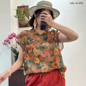 Áo sơ mi sát nách cổ đứng in hoa - A1490