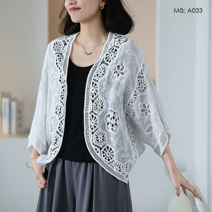 Áo khoác cardigan dệt kim tay lửng thêu hoa văn retro - A033