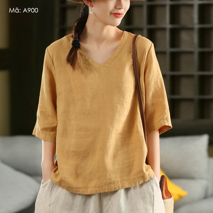 Áo T-shirt linen ngắn tay cổ V đơn sắc - A900
