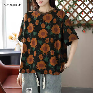 Áo T-shirt ngắn tay cổ tròn phối màu in hoa hướng dương - NU10345