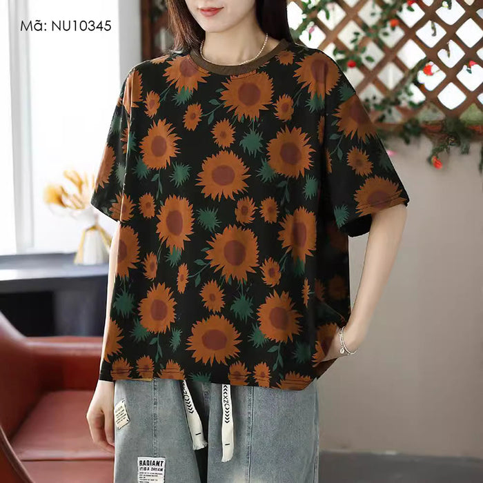 Áo T-shirt ngắn tay cổ tròn phối màu in hoa hướng dương - NU10345