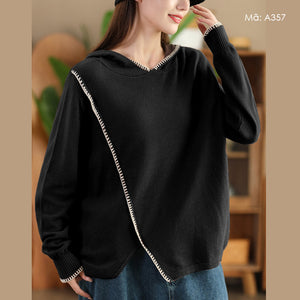Áo hoodies len đan dài tay kiểu vạt lệch - A356