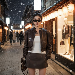 Áo khoác da dài tay cổ đứng túi khóa kéo - A480