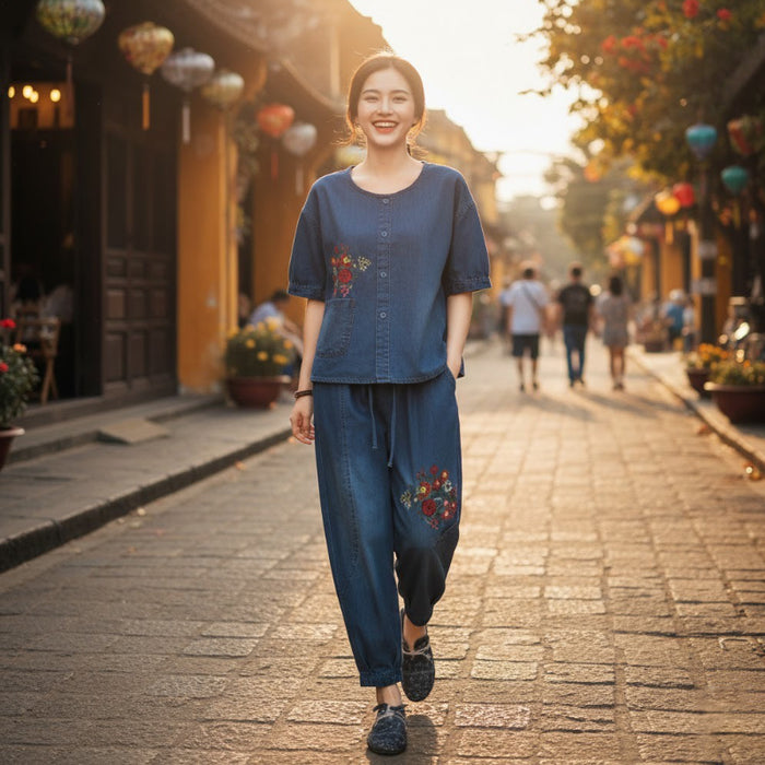 Bộ đồ denim gồm áo sơ mi ngắn tay và quần baggy lửng thêu hoa lá - B022