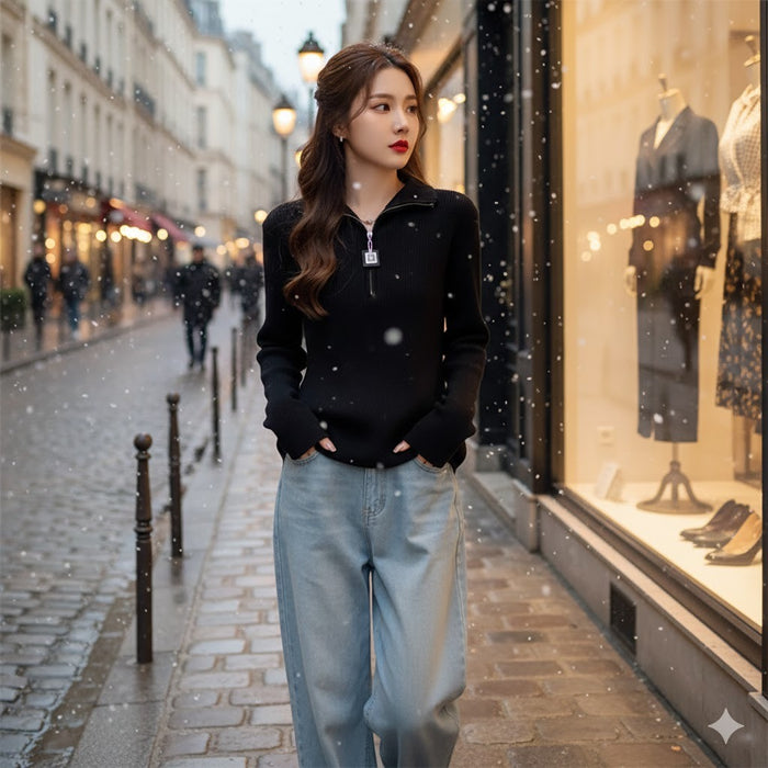 Áo len dệt kim dài tay cổ đứng khóa kẻo - A611