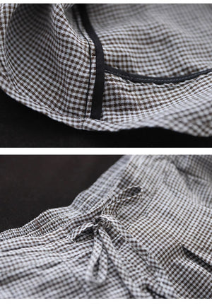 Bộ đồ linen gồm áo sơ mi sát nách một túi và quần baggy ống rộng lưng cao kẻ caro - NU9056