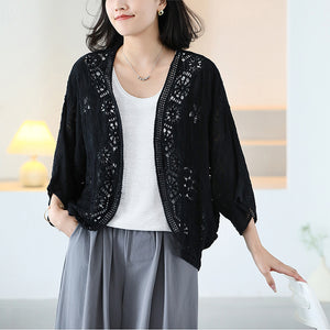 Áo khoác cardigan dệt kim tay lửng thêu hoa văn retro - A033