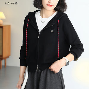 Áo khoác len cardigan dài tay có mũ đơn sắc - A646