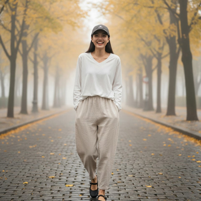 Áo T-shirt dài tay kiểu may túm cổ V - A091