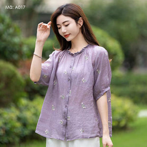 Áo sơ mi linen ngắn tay cổ tròn ren thêu những chùm hoa - A017