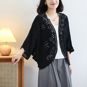 Áo khoác cardigan dệt kim tay lửng thêu hoa văn retro - A033