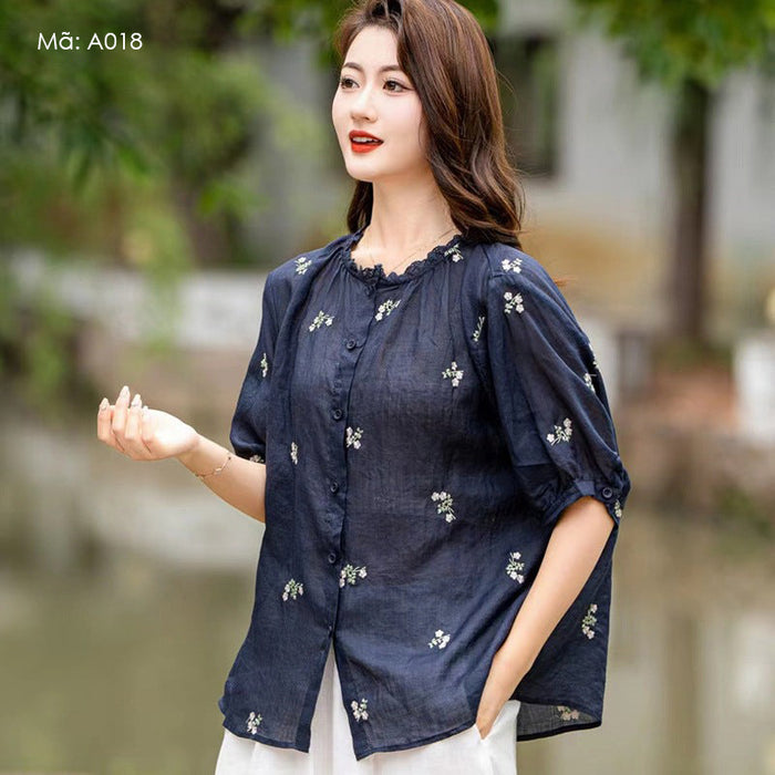 Áo sơ mi linen ngắn tay cổ tròn ren thêu những chùm hoa - A017