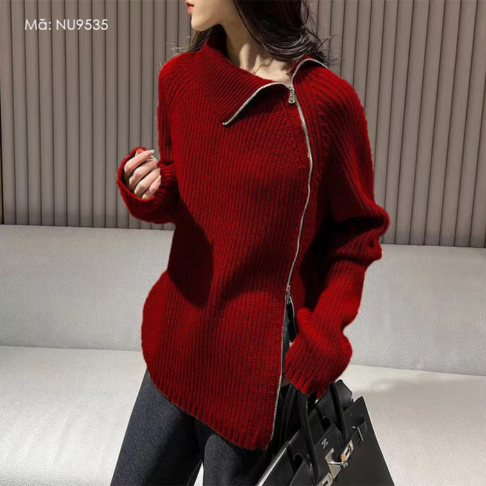 Áo khoác len cashmere dài tay cổ lọ khóa kéo bên hông - NU9535