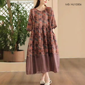 Đầm liền linen ngắn tay cổ tròn in hoa văn retro viền xòe - NU10506