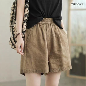 Quần sooc linen lưng thun thêu bo viền hai túi chéo - Q232