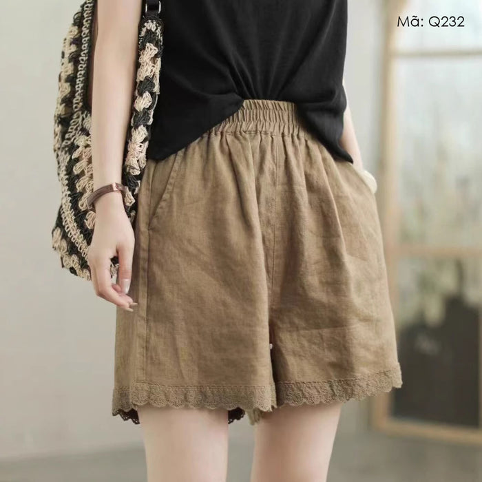 Quần sooc linen lưng thun thêu bo viền hai túi chéo - Q232