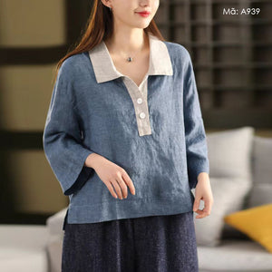 Áo sơ mi linen tay lửng cổ thủy thủ lệch màu - A939