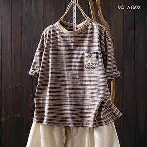 Áo T-shirt ngắn tay kẻ sọc túi nhỏ - A1502