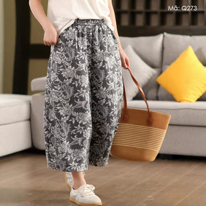 Quần baggy linen lửng lưng thun in hoa văn retro - Q273