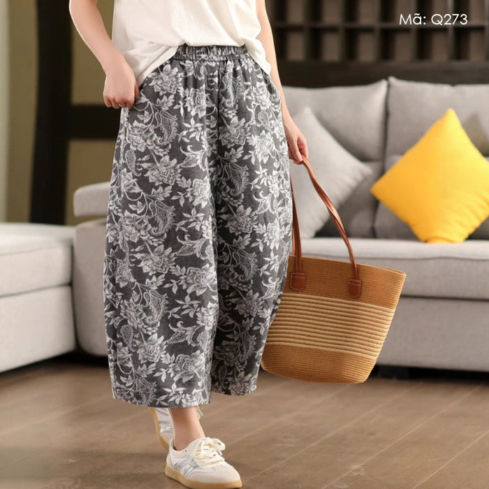 Quần baggy linen lửng lưng thun in hoa văn retro - Q273