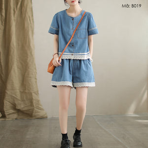 Bộ đồ denim gồm áo sơ mi ngắn tay và quần sooc phối ren - B019