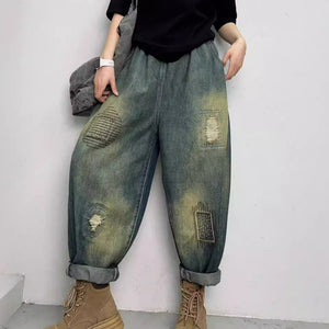 Quần baggy denim lưng thun chắp vá thêu đan - Q054