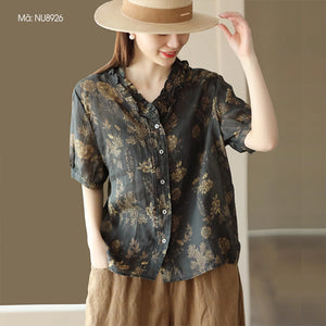 Áo sơ mi linen ngắn tay cổ V xếp ly in hoa liti - NU8926