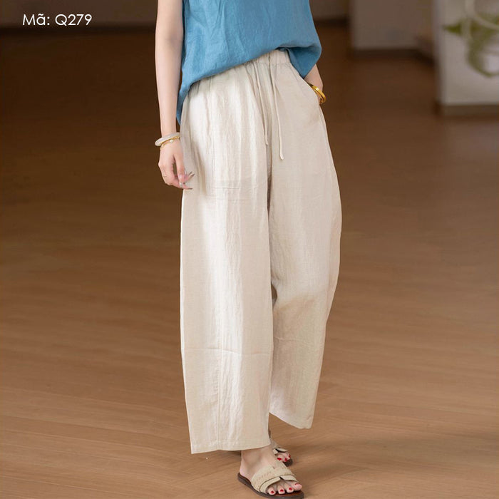 Quần baggy linen lưng thun dây rút ống đứng - Q279
