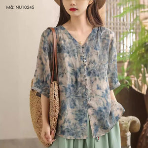 Áo sơ mi linen ngắn tay cổ V in màu nước một túi - NU10245