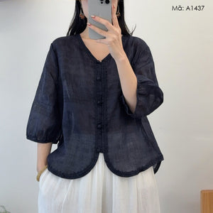 Áo sơ mi linen tay lửng in đồng màu - A1437