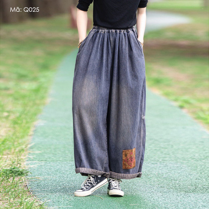 Quần baggy denim lưng thun ống rộng túi chéo vá mảng màu - Q025