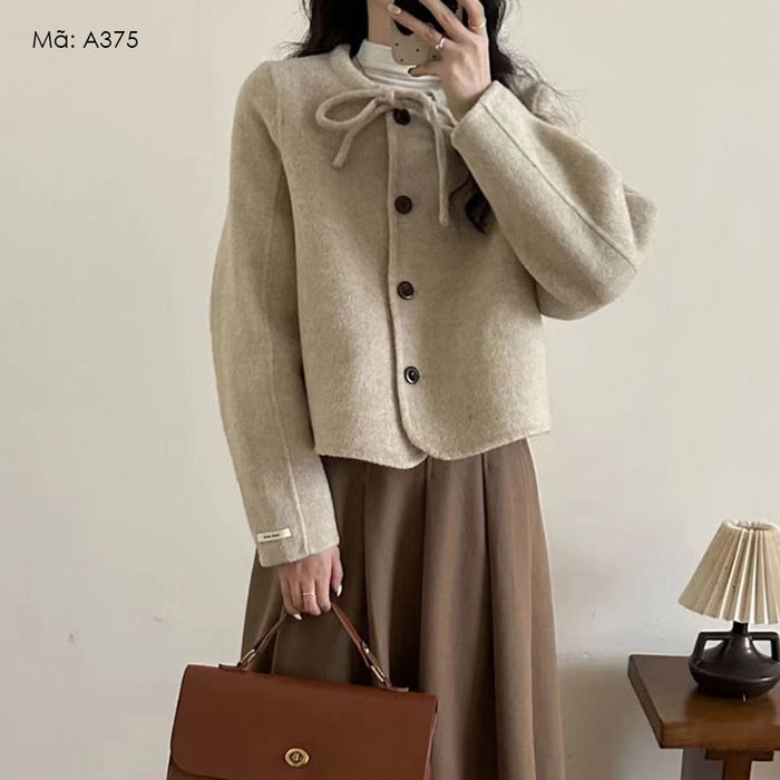 Áo khoác len cashmere dài tay cổ tròn thắt dây - A375